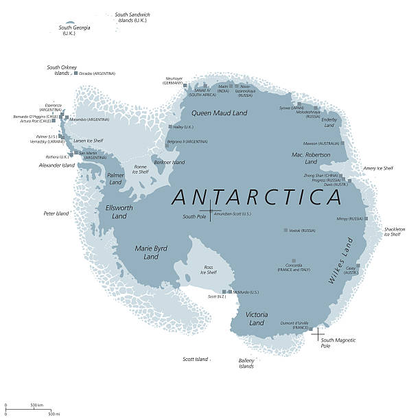 Antarctica political map gray colored Antarctica political map with Geographic and Magnetic South pole, scientific research stations and ice shelfs. English labeling and scaling. Gray colored illustration on white background. Vector. antarctica stock illustrations