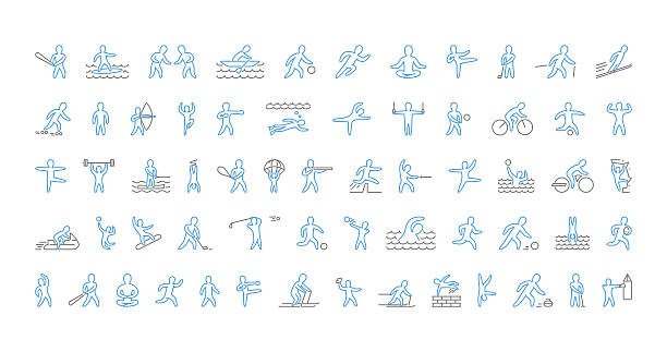 ilustraciones, imágenes clip art, dibujos animados e iconos de stock de conjunto de líneas vectoriales de iconos deportivos. símbolo lineal de los deportistas. - triathlon sport symbol swimming