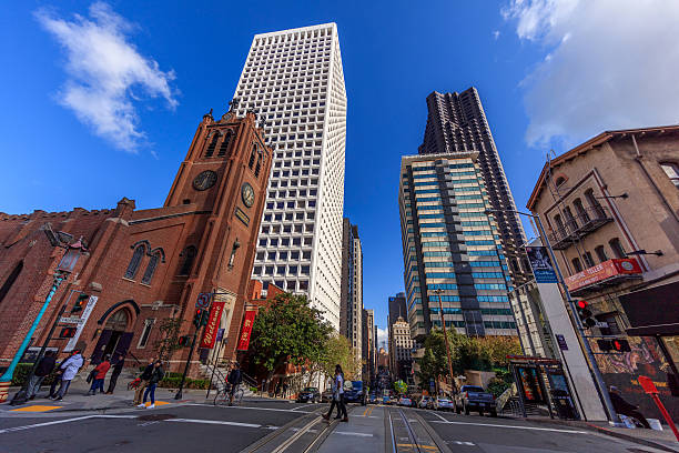 San Francisco, California, USA - November 23, 2016: 11mm wide angle View of the chinatown district in San Francisco downtown. Incidental people on the background. 