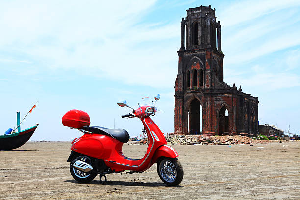 Vespa Sprint all new motorcycle Namdinh, Vietnam - May 21, 2015: Vespa Sprint all new motorcycle on the test drive, sea beach area in Vietnam. sprint nextel stock pictures, royalty-free photos & images