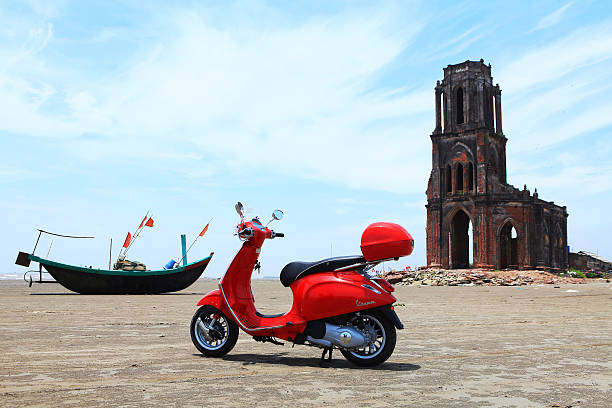 Vespa Sprint all new motorcycle Namdinh, Vietnam - May 21, 2015: Vespa Sprint all new motorcycle on the test drive, sea beach area in Vietnam. sprint nextel stock pictures, royalty-free photos & images