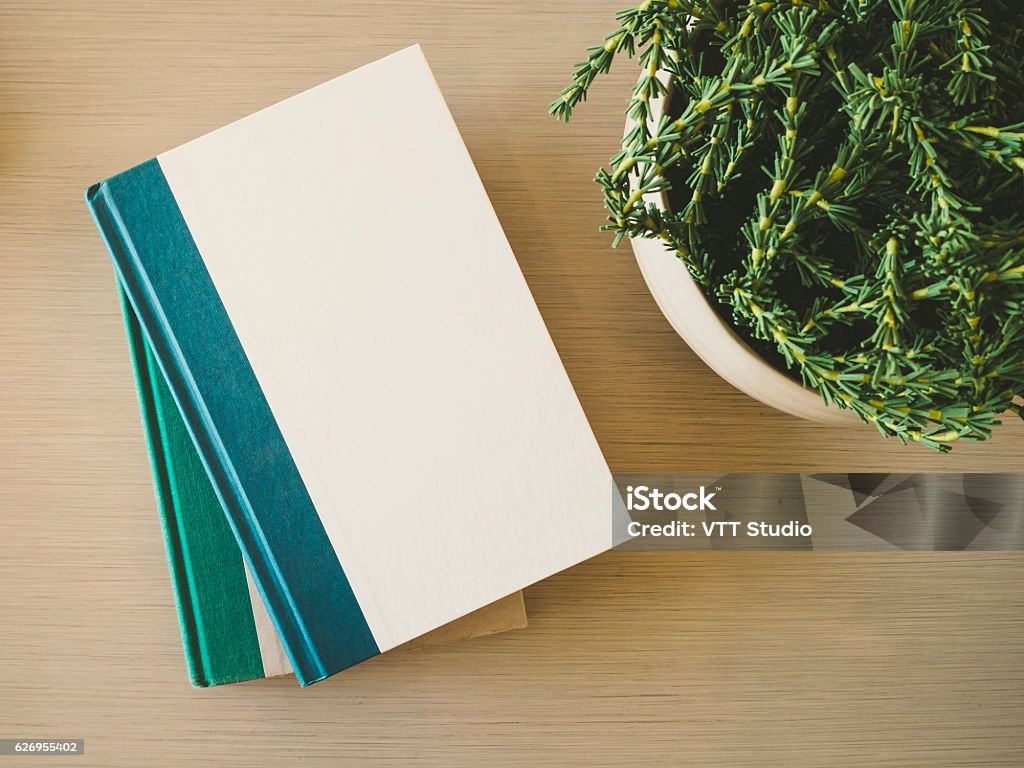 Book cover Mock up on table with plant decoration Book cover Mock up template on table with green Plant decoration Book Stock Photo