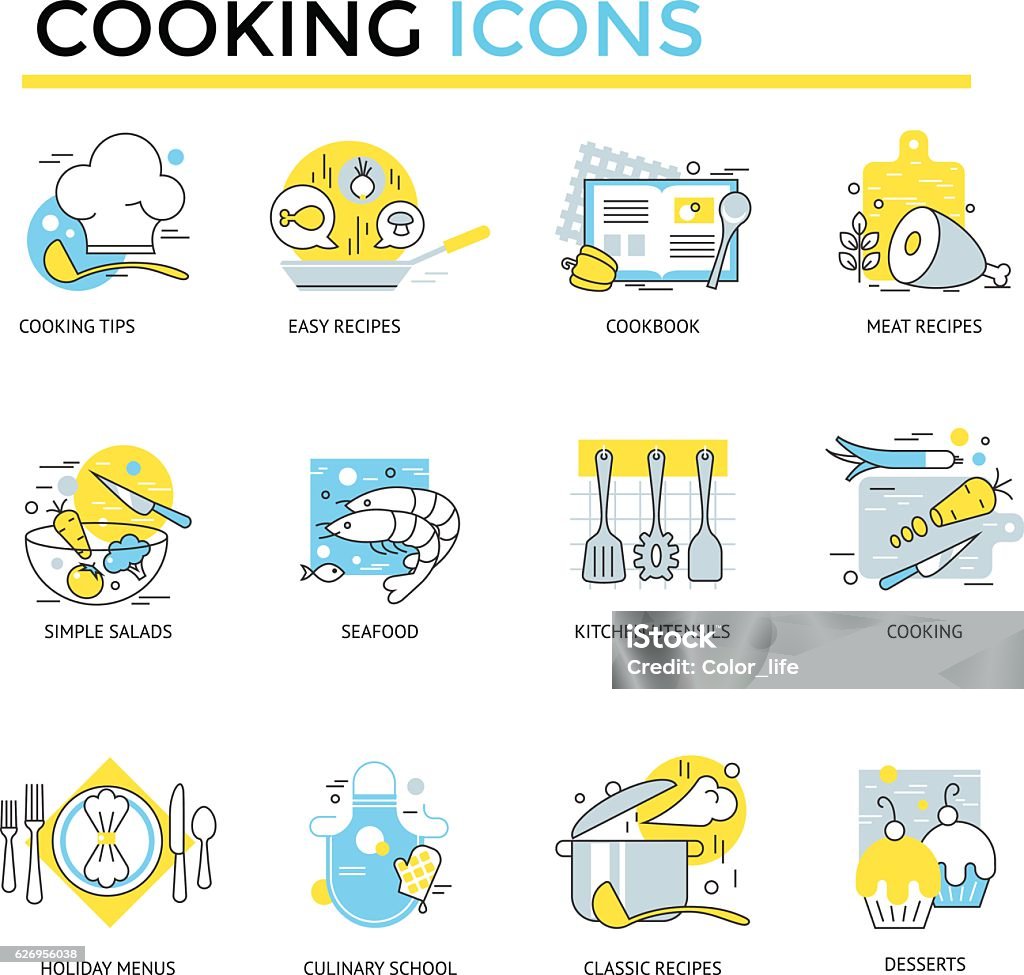 Cooking icons Set of 12 cooking icons. Flat design Kitchen stock vector