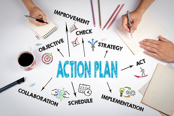 action plan concept. the meeting at the white office table - planning paperwork plan organization imagens e fotografias de stock