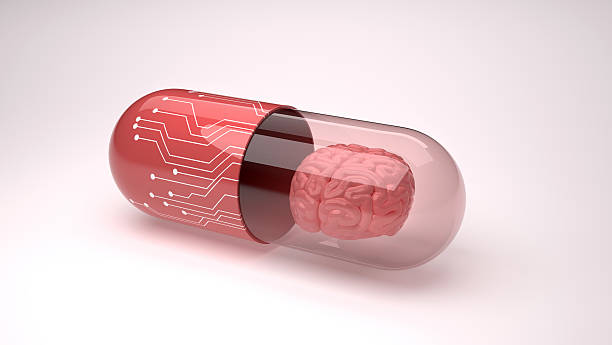 脳の概念を持つ技術の時代の巧妙な薬。 - red pills ストックフォトと画像