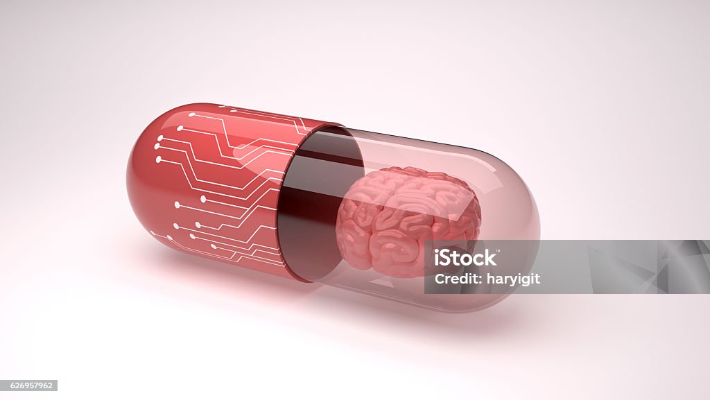 Clever drugs of the age of technology with brain concept. Pill filled brain. Medicine Stock Photo