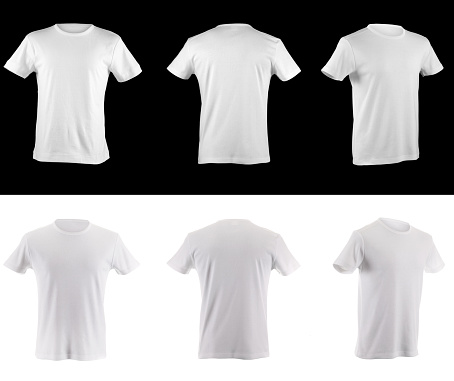 Mockup of white oversized t-shirt on bearded man with hands in pockets of dark jeans, trendy shirt, isolated on background. Male streetwear for design, branding, front view. Template casual apparel