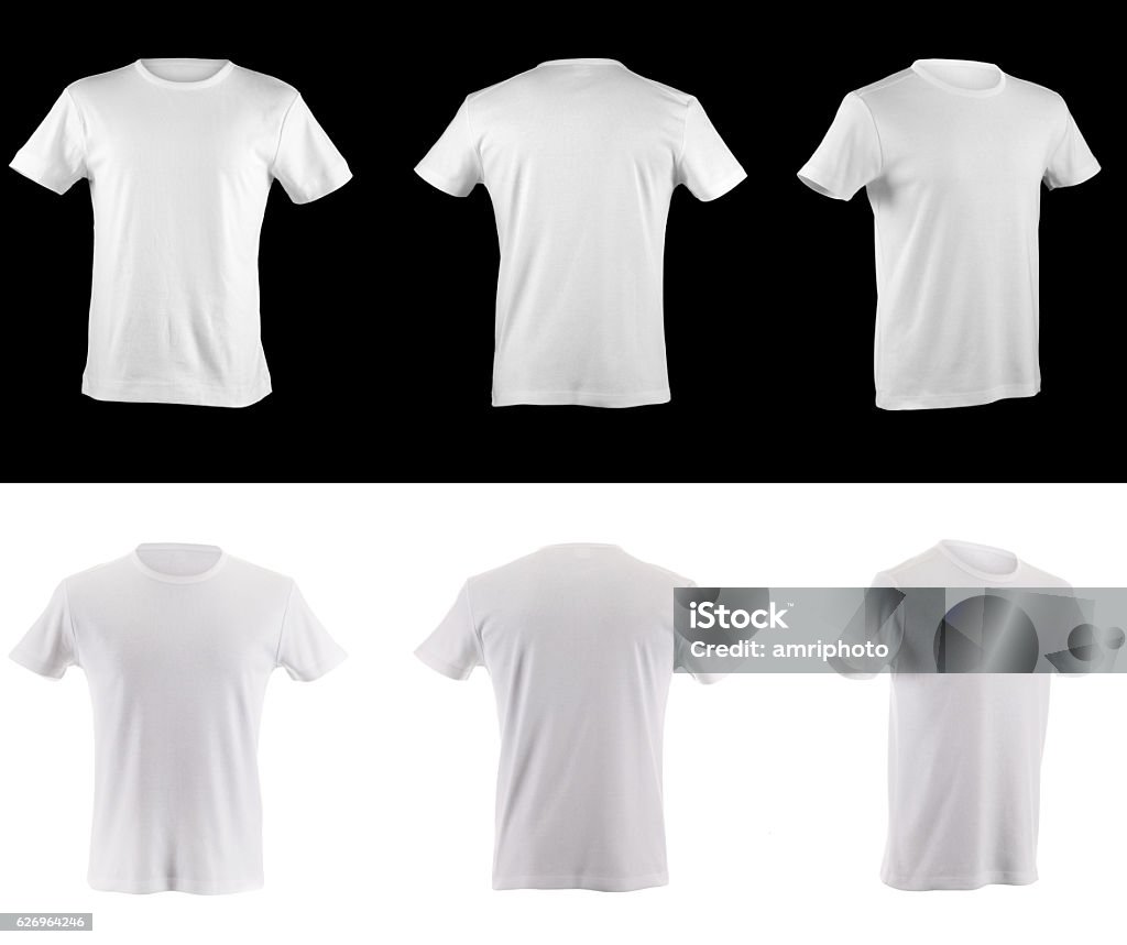 t-shirt collection front side and back collection of white t-shirts on black and black t-shirts on white all shirts have clipping paths T-Shirt Stock Photo