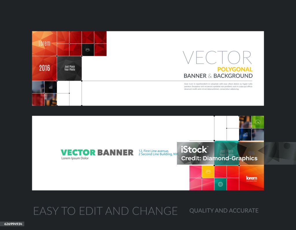 Vector set of modern horizontal website banners with rectangular Vector set of modern horizontal website banners with colourful rectangular shapes, squares, lines, rounds for IT, business, building, network, communication.  Clean web headers design.  Grid Pattern stock vector