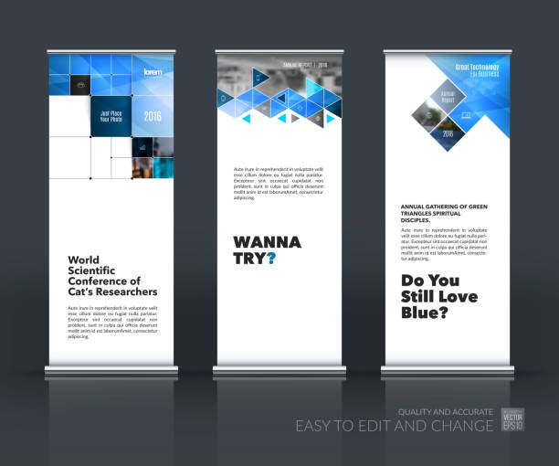 Business vector set of modern roll Up Banner stand design Business vector set of modern roll Up Banner stand design with blue arrows, triangles, squares, lines, rounds for IT, business, building. Exhibition, fair, show. Abstract creative art. booth design stock illustrations