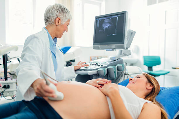 examen de ultrasonido en la oficina de los médicos - gynecologist gynecological examination ultrasound human pregnancy fotografías e imágenes de stock