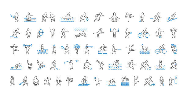 ilustraciones, imágenes clip art, dibujos animados e iconos de stock de línea de iconos deportivos. símbolo lineal vectorial de deportistas. - triathlon sport symbol swimming