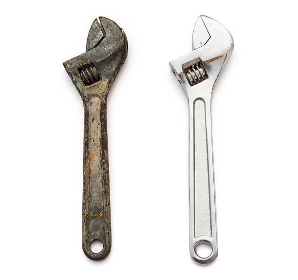 rusty and a good wrenches on white background - work tool rusty old wrench imagens e fotografias de stock