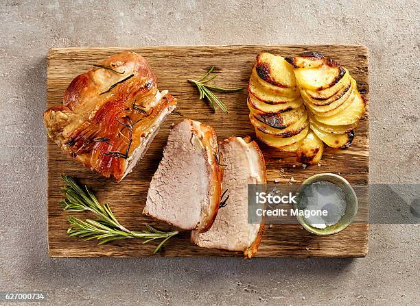 Roasted Pork Slices Stock Photo - Download Image Now - Pork, Directly Above, Glazed Food