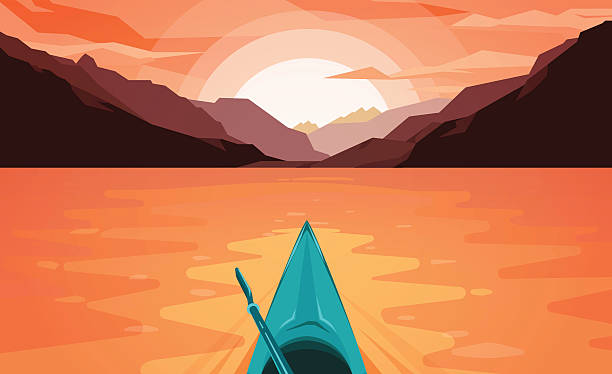 ilustraciones, imágenes clip art, dibujos animados e iconos de stock de canoa en el lago. puesta del sol. - kayak canoeing canoe lake