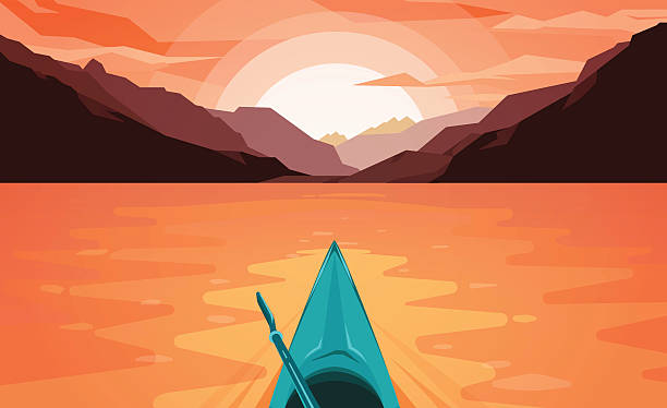 stockillustraties, clipart, cartoons en iconen met canoe on lake. sunset. - kano op rivier