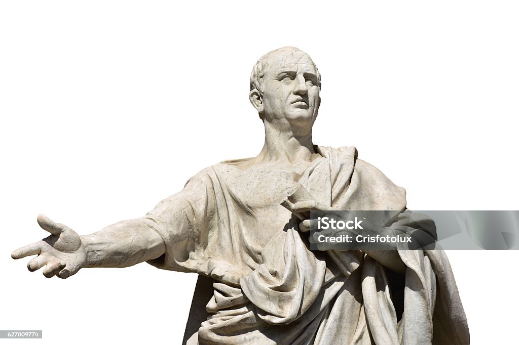 Cicero, the ancient roman senator Cicero, the greatest ancient roman orator, marble statue in front of Rome Old Palace of Justice, made in 19th century (isolated on white background) Statue Stock Photo