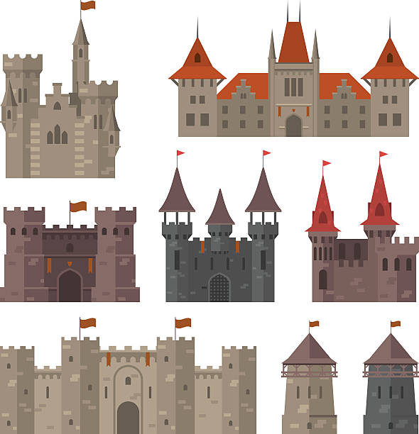 średniowieczne zamki, fortece i twierdze z ufortyfikowanymi murami i wieżami - fort fortified wall castle stone stock illustrations