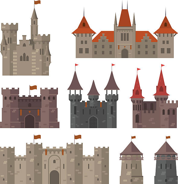средневековые замки, крепости и крепости с укрепленными стенами и башнями - fort fortified wall castle stone stock illustrations