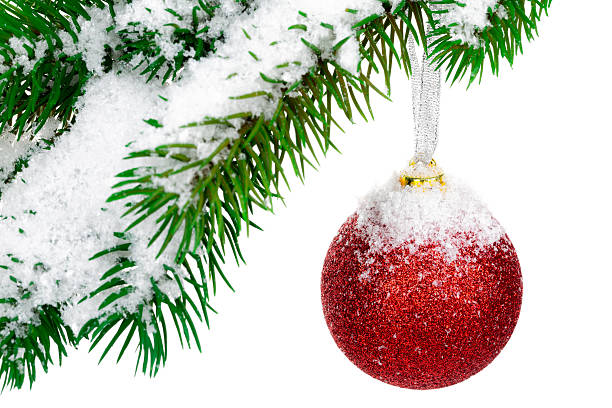 istock red christmas ball on green branch with snow 627020962