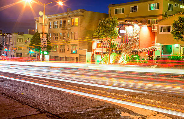 Night Shot of the Trails Lights on one of the Streets of San-Francisco Night Shot of the Trails Lights on one of the Streets of San-Francisco. Long Exposure Used for This Effect. Horizontal Image Orientation frisco texas stock pictures, royalty-free photos & images