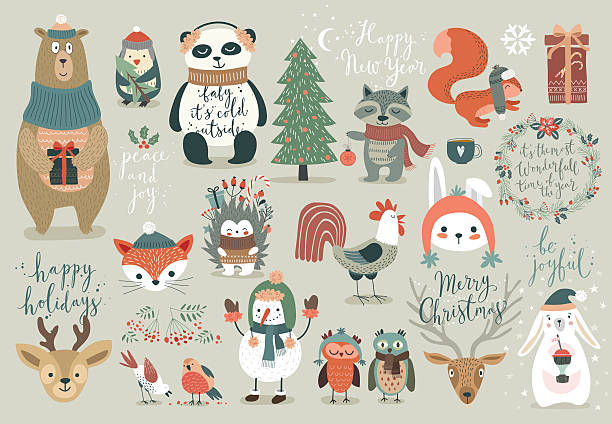 Christmas set, hand drawn style Christmas set, hand drawn style - calligraphy, animals and other elements. Vector illustration. chicken bird illustrations stock illustrations
