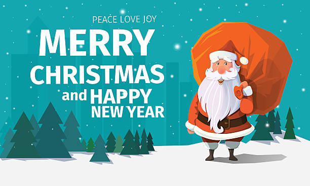stylowa nowoczesna płaska kartka świąteczna wesołych świąt - sack santa claus christmas vector stock illustrations