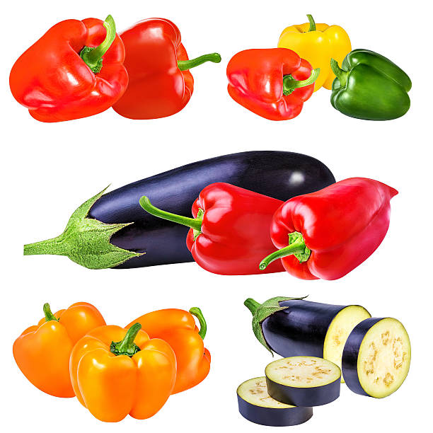 istock Collection of eggplant and pepper isolated on white 627031652
