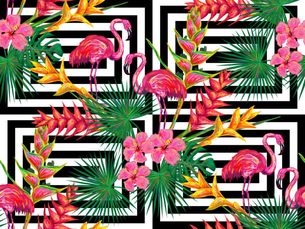 illustrazioni stock, clip art, cartoni animati e icone di tendenza di modello di giungla estiva con fenicottero, foglie di palma e fiori - hawaiian culture hibiscus print pattern