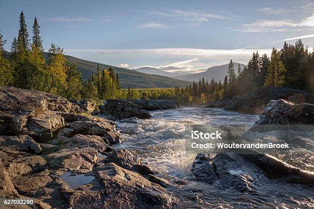 Golden Light Shining On Wild River Flowing Down Beautiful Landscape Stock Photo - Download Image Now
