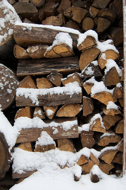 istock Firewoods, log pieces stored under snow in winter 627034950