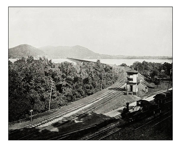 ilustrações de stock, clip art, desenhos animados e ícones de antique photograph of railway bridge on susquehanna river - philadelphia mississippi