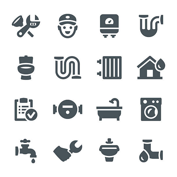 Plumbing Icons Plumbing, sanitary engineering, icon, icon set, repair, home automation, plumber, spanner, plunger plumber stock illustrations