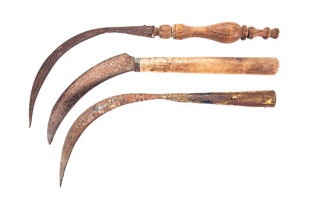 Three of old rusty sickle isolated on white background.Old sickle style.Thailand old sickle