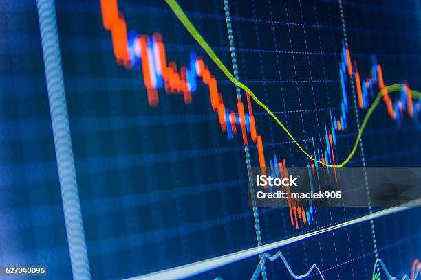 Stock Market Graph And Bar Chart Price Display Stock Photo - Download Image Now - Currency Exchange, Collection, Data