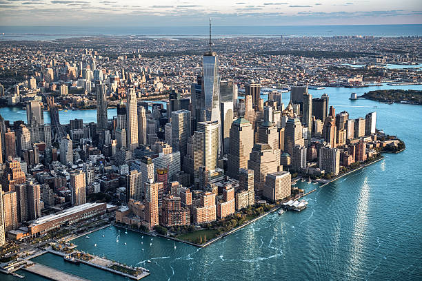 Aerial view of Manhattan in New York Helicopter point of view of Manhattan island in New York City. lower manhattan stock pictures, royalty-free photos & images