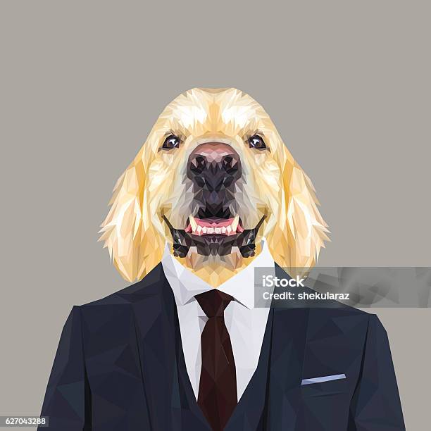 Golden Retriever Dog Animal Dressed Up In Navy Blue Suit Stock Illustration - Download Image Now