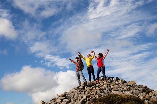 Three friends posing for the camera on top of a mountain peak. They are celebrating by holding hands with their arms in the air.