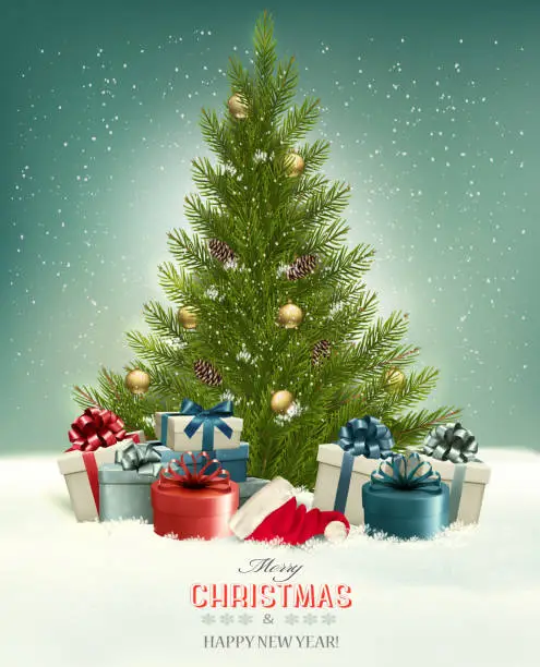 Vector illustration of Christmas background with a Christmas tree and presents with san