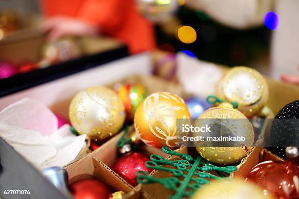Colorful Christmas Decorations In A Boxes Stock Photo - Download Image Now - Storage Room, Box - Container, Storage Compartment