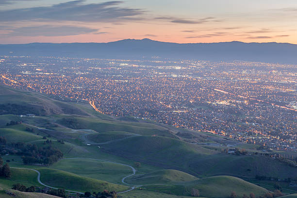 Silicon Valley and Green Hills at Dusk from Monument Peak, Silicon Valley and Green Hills at Dusk. Monument Peak, Ed R. Levin County Park, Milpitas, California, USA. foothills photos stock pictures, royalty-free photos & images