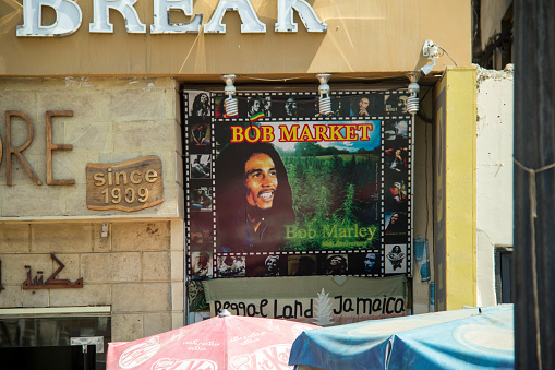 Luxor, Egypt - July 26, 2016: A store using the popular icon Bob Marley to advertise their store Bob Market in Luxor.