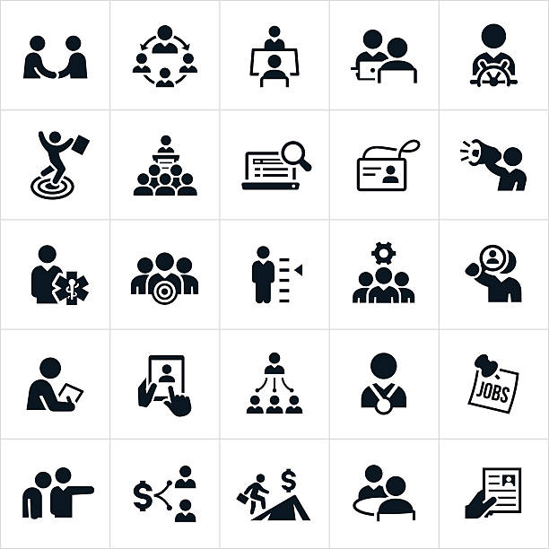 Human Resources and Recruiting Icons A set of icons representing human resources and recruiting in business. The icons include HR managers, hiring, recruiting, applicants, interviews, leadership, resume and other related icons. interview event icons stock illustrations