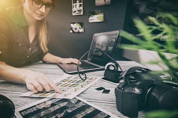 Photographers computer with photo edit programs. photographer journalist camera traveling photo dslr editing edit hobbies lighting business designer concept - stock image retouched stock pictures, royalty-free photos & images