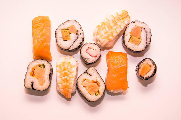 istock Pieces of sushi on white background 627089912