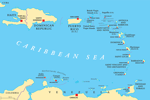 Lesser Antilles political map. The Caribbees with Haiti, the Dominican Republic and Puerto Rico in the Caribbean Sea. With capitals and national borders. English labeling. Illustration. Vector.