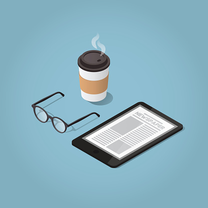 Isometric vector morning digital morning newspaper concept illustration. Tablet with a daily news website, glasses for reading and hot morning coffee. Modern business lifestyle.