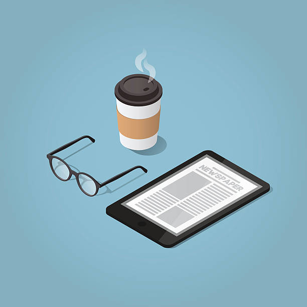 Morning news illustration Isometric vector morning digital morning newspaper concept illustration. Tablet with a daily news website, glasses for reading and hot morning coffee. Modern business lifestyle. reading newspaper stock illustrations