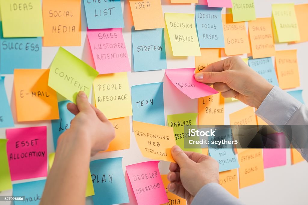 Brainstorming concepts. brainstorming brainstorm strategy workshop business note notes stickyconcept - stock image Marketing Stock Photo