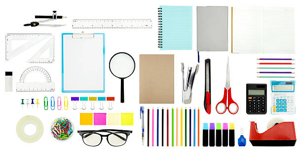 istock school supplies, accessories on a white background. 627099456